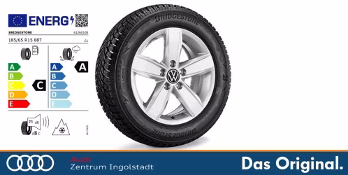 Original VW Polo (AW) Winterkomplettradsatz, Corvara, Brillantsilber, 15 Zoll 185/65 R15 88T, Bridgestone Blizzak LM-005