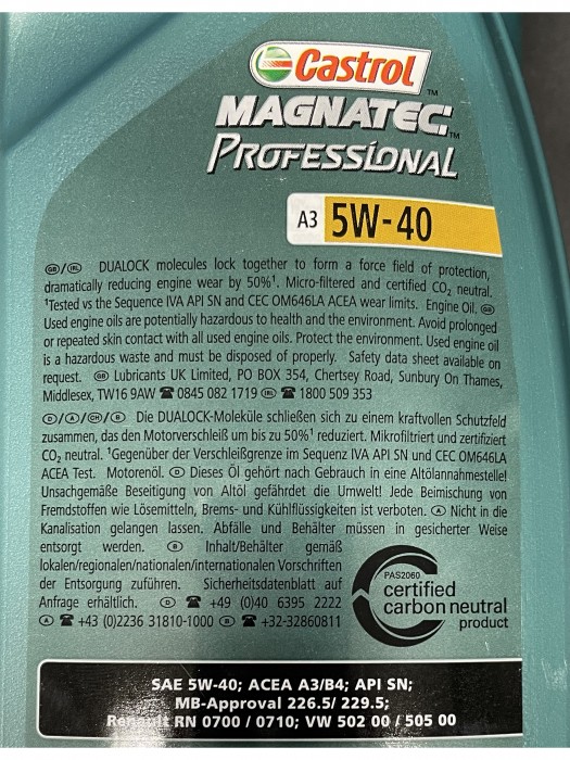 Castrol Magnatec Professional Motoröl 5W40 (Norm VW 502 00 / 505 00) 1 Liter für AUDI